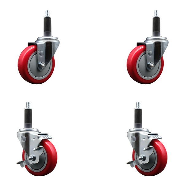 Service Caster 4'' SS Red Poly Wheel Swivel 1'' Expanding Stem Caster Set 2 Brakes, 4PK SCC-SSEX20S414-PPUB-RED-2-TLB-2-1 - main